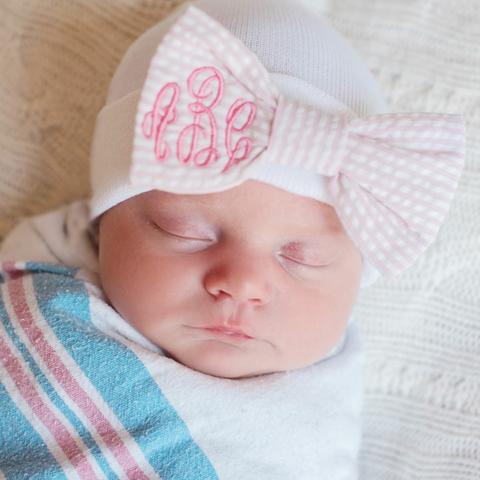 ilybean MONOGRAMMED Seersucker Stripe Pink and White Bow Newborn Girl Hospital Hat Newborn Girl Hat