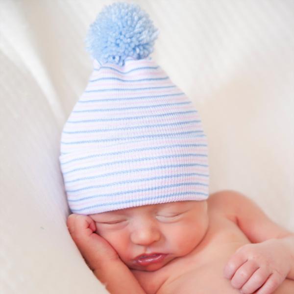 ilybean Traditional Nursery Striped Blue Pom Pom Hat for Newborn Boys - Hospital Hat