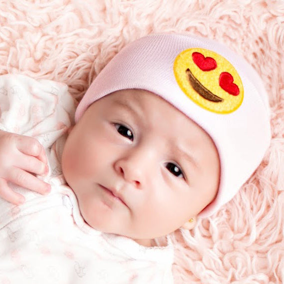 White, Blue or Pink Heart Eye Emoji Chenille Patch Newborn Hospital Hat - White, Blue and Pink Colors
