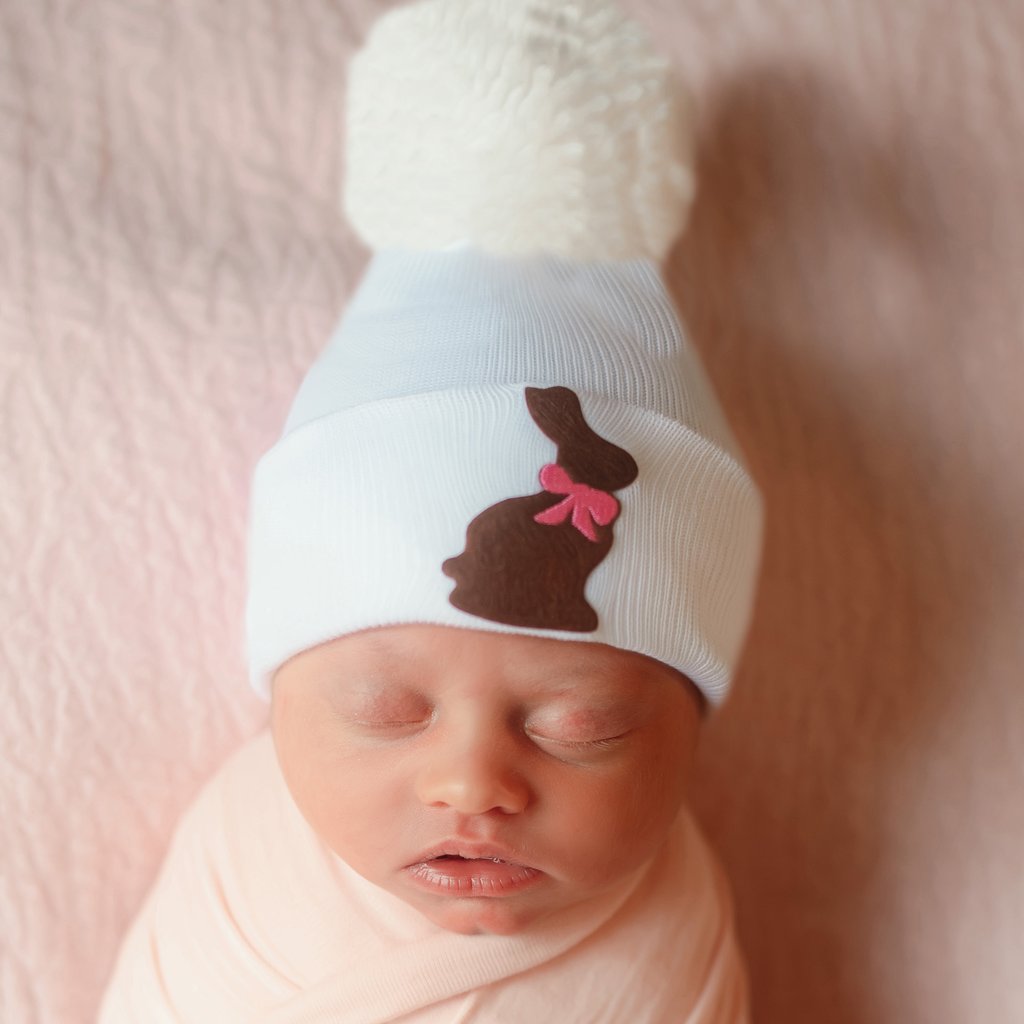 Pink Ribbon Chocolate Bunny Pom Pom Newborn And Baby Girl Hat