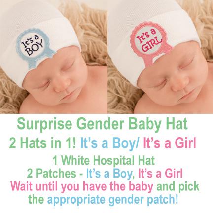 It's a Boy/It's a Girl Surprise Ribbon Gender Baby Hospital Hat - White Hat with 2 ribbon patches