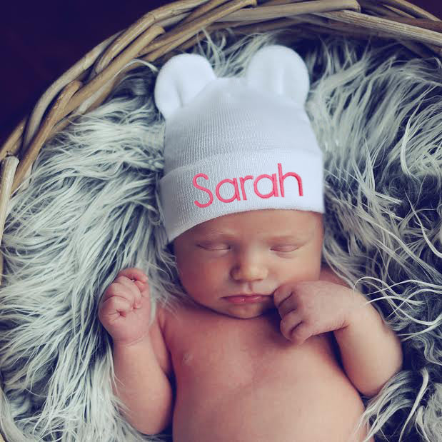 Personalized ilybean White Baby Bear Newborn Hospital Hat for girls - newborn girl  hospital hat