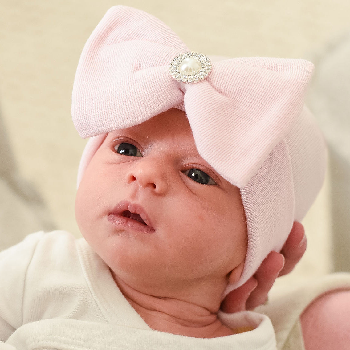 ilybean Aria Pink Big Bow Newborn Girl Hospital Hat with Pearl Rhinestone