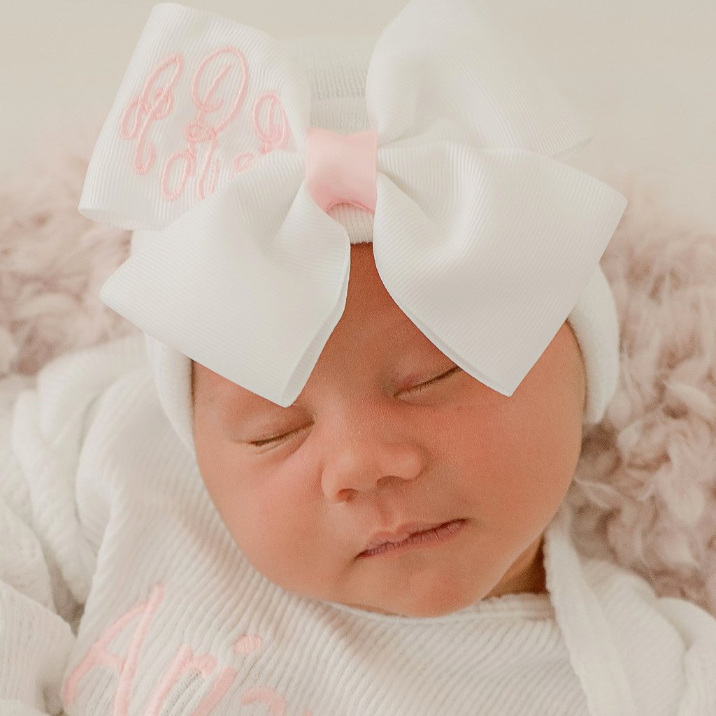 ilybean Monogrammed White Ribbon Bow On White Hat Monogrammed Bow With Light Pink Center