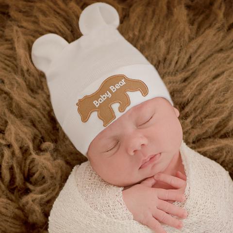 White (or Blue) Baby Bear with Baby Bear Patch Newborn Boy or Girl Hospital Hat - Gender Neutral