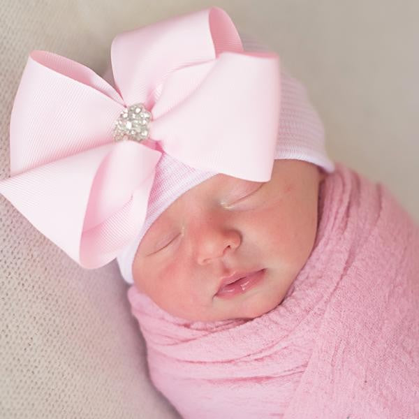 ilybean Bella Bow Pink and White Striped Hospital Hat with Pink Ribbon Bow