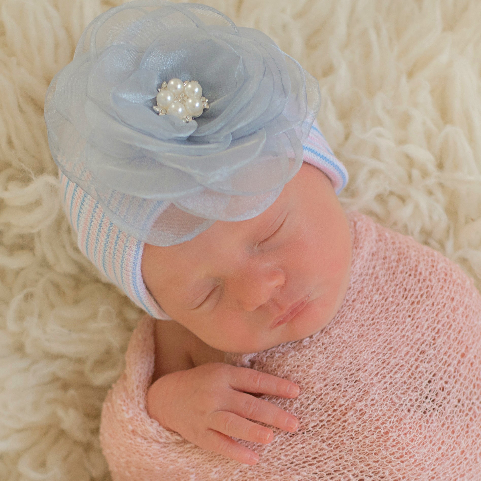 ilybean Blue Ice Chiffon Flower Pink, White & Blue Striped Newborn Hospital Hat