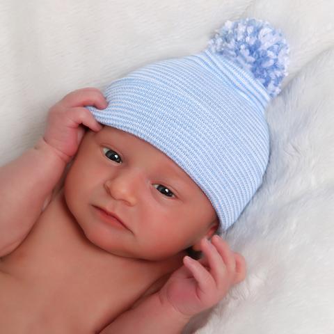 ilybean Striped Baby Blue Pom Pom Newborn Boy Hospital Hat