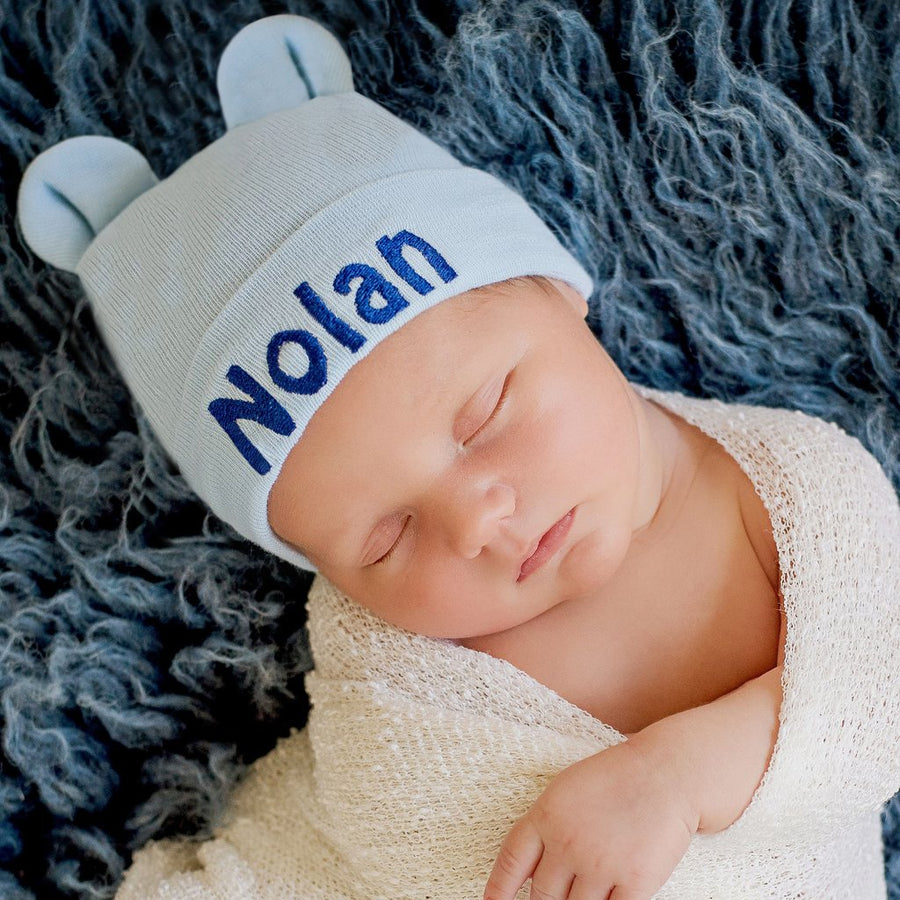 Personalized ilybean White (or Blue) Baby Bear Newborn Hospital Hat for boys or girls- newborn hospital hat