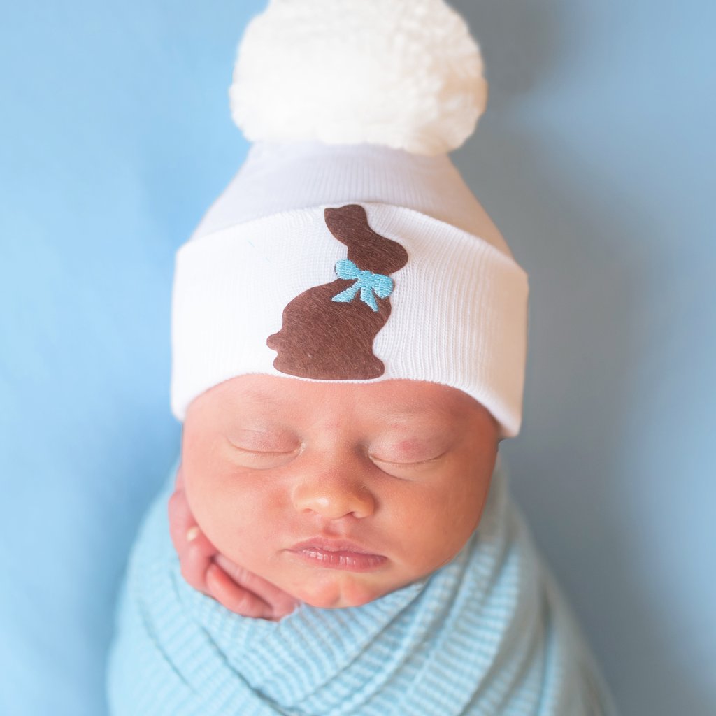 Blue Ribbon Chocolate Bunny Pom Pom Newborn And Baby Girl Hat