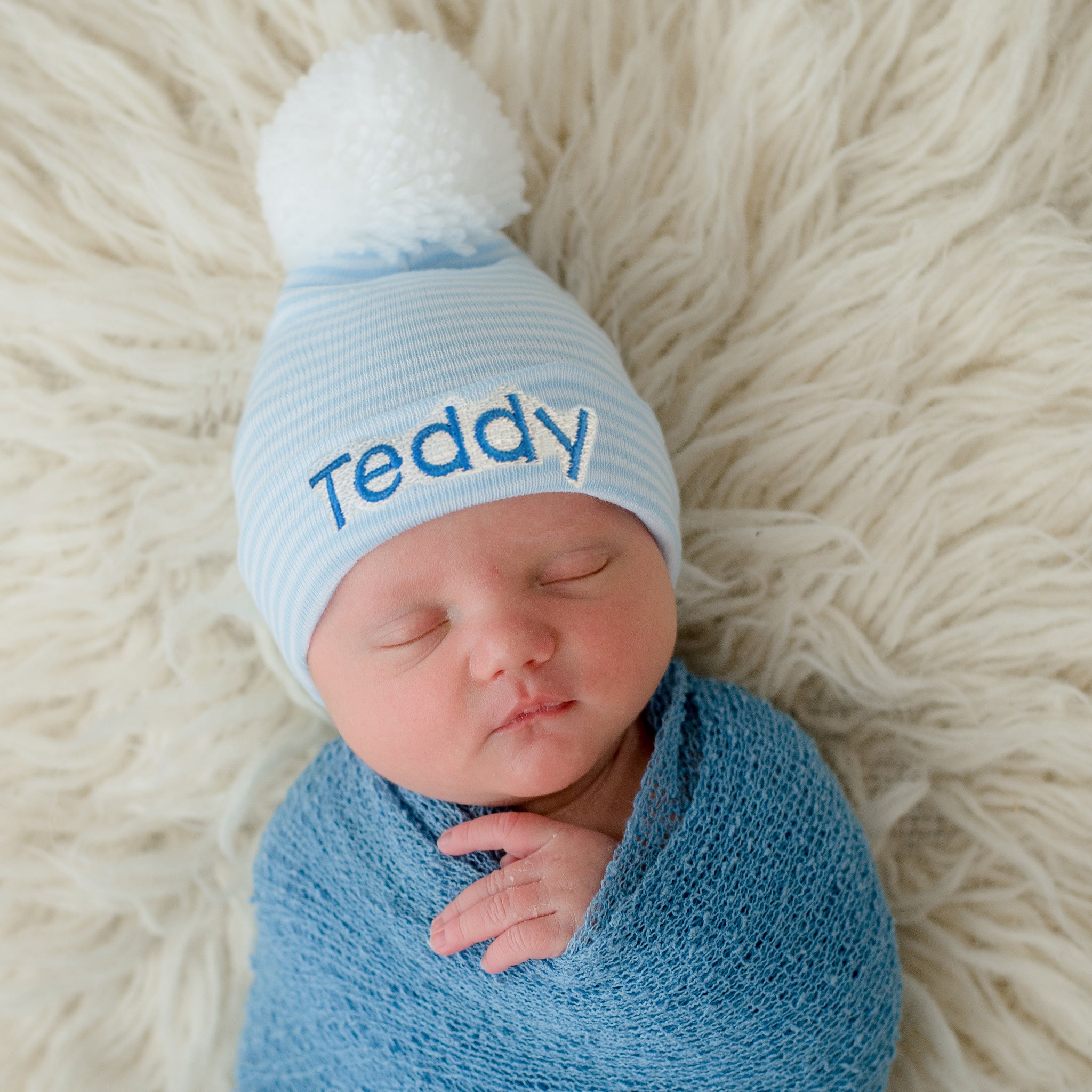 Wide Blue and White Striped Newborn Baby Boy Hospital Beanie with White Pom Pom Hat Infant Hat Newborn Hat (personalization optional)