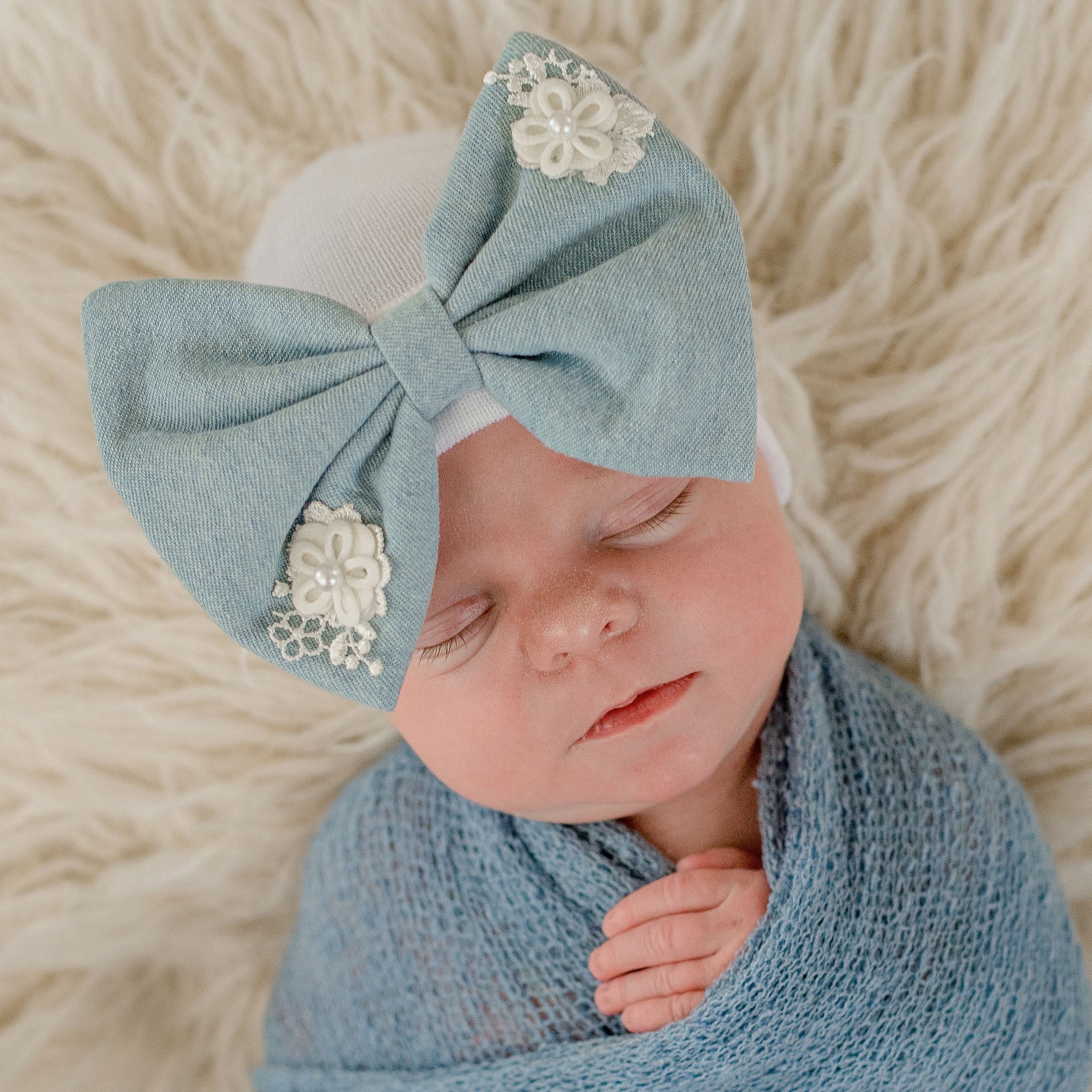 White Floral Chambray Bow Newborn Girl Hospital Hat - White Hat Chambray Bow and White Flowers