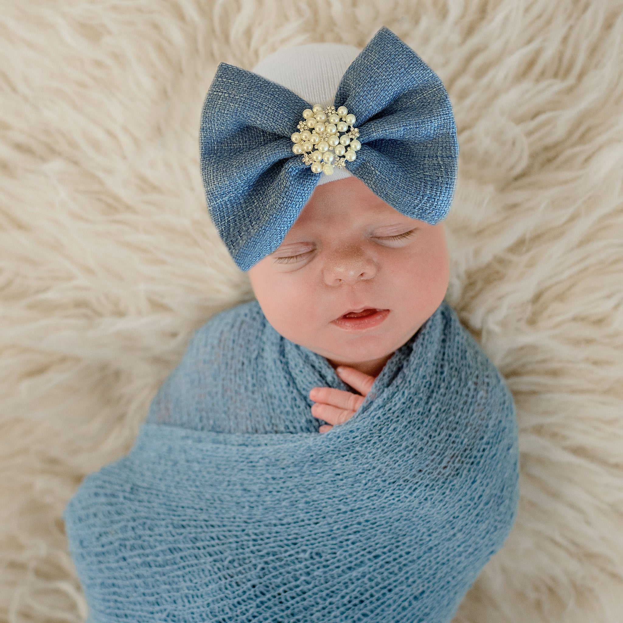 Chambray and Pearl Bow Baby Newborn Girl Hospital Hat - White Hat Chambray Bow and Pearl and Rhinestone Gem