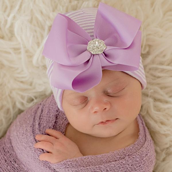 ilybean Ciara Bow Purple and  White Striped Hospital Hat with Purple Ribbon Bow with Rhinestone Center - Newborn Girl Hospital Hat