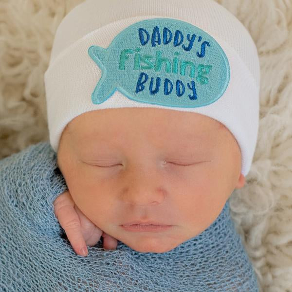 Daddy's Fishing Newborn Boy Hospital Hat - White Hospital Hat Newborn Boy- Fishing Buddy Patch (Boy or Girl)