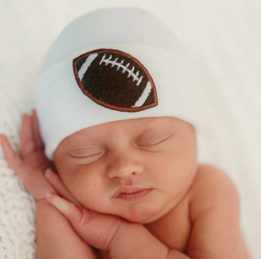 baby in football helmet Hike Football Sports Newborn Boy Hospital Hat - White Hospital Hat New