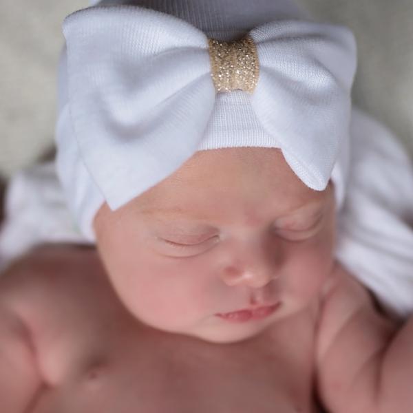 ILYBEAN White SHIMMER BOW Newborn Girl Hospital Hat- Newborn Girl Nursery Beanie