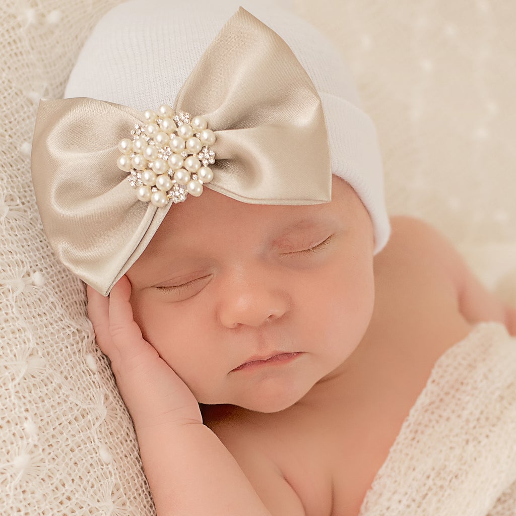 Soft Gold Satin Bow With Pearl Rhinestone Jewel Newborn Girl White Hospital Hat