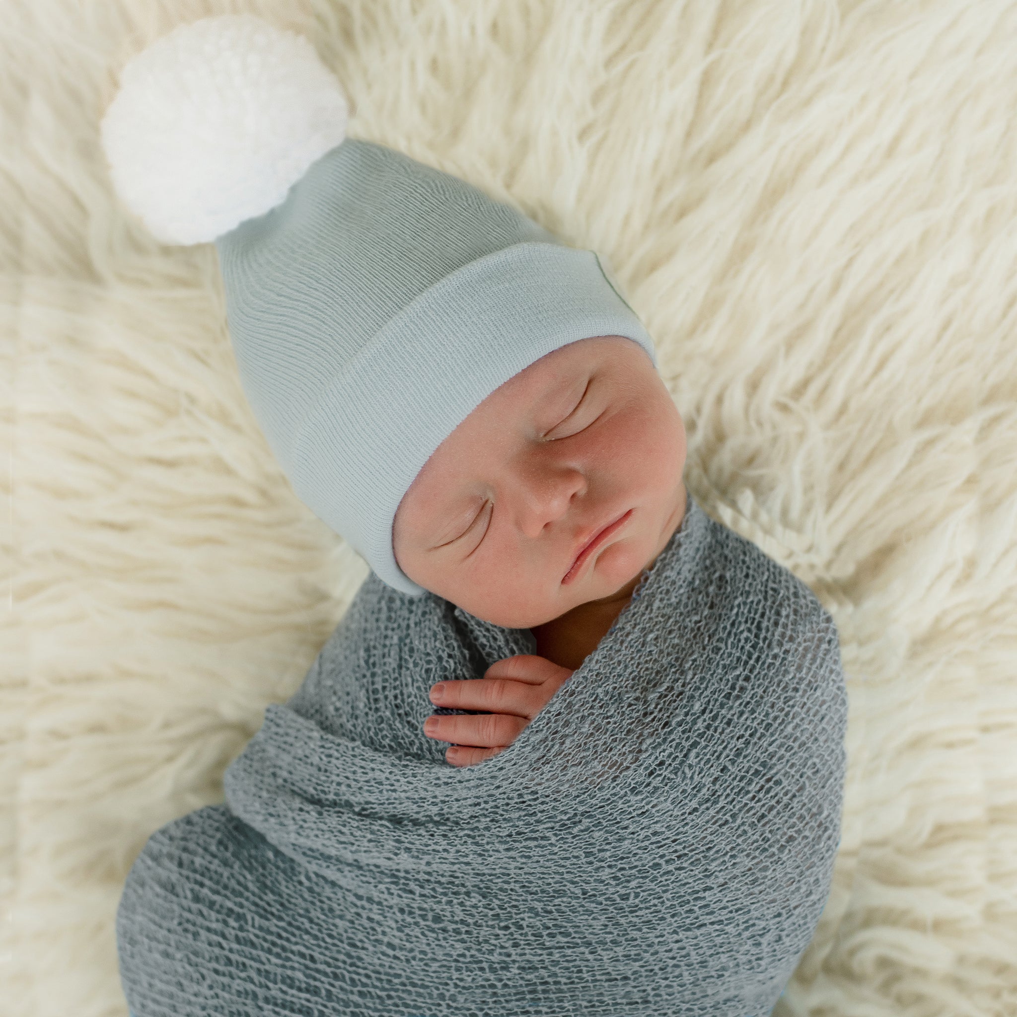 ilybean Gray Newborn Boy Hospital Hat with Handmade White Pom Pom