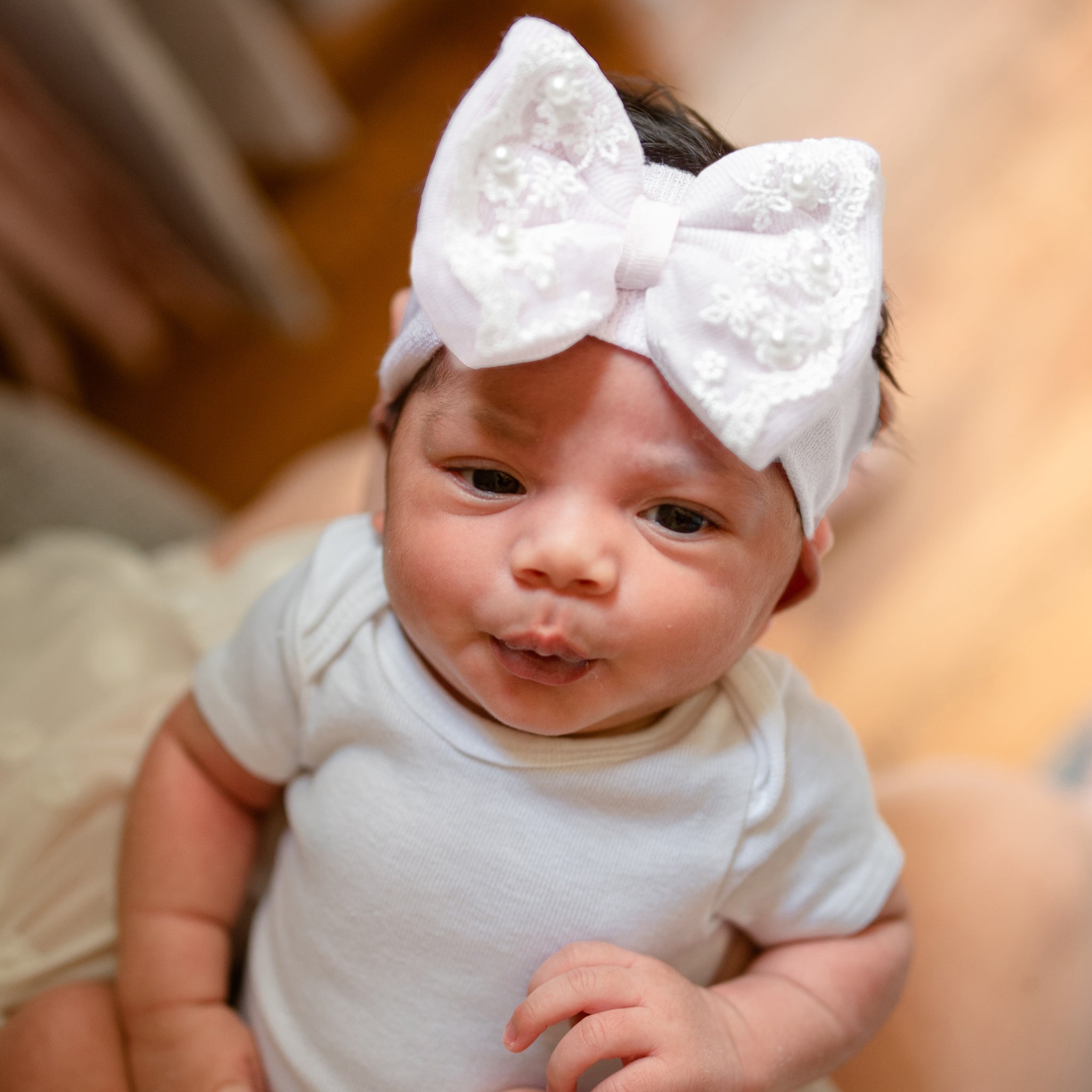 ilybean Pink Lace And Pearl Trim Newborn Girl Nursery Headband - Newborn Hospital Headband - Nursery Headband