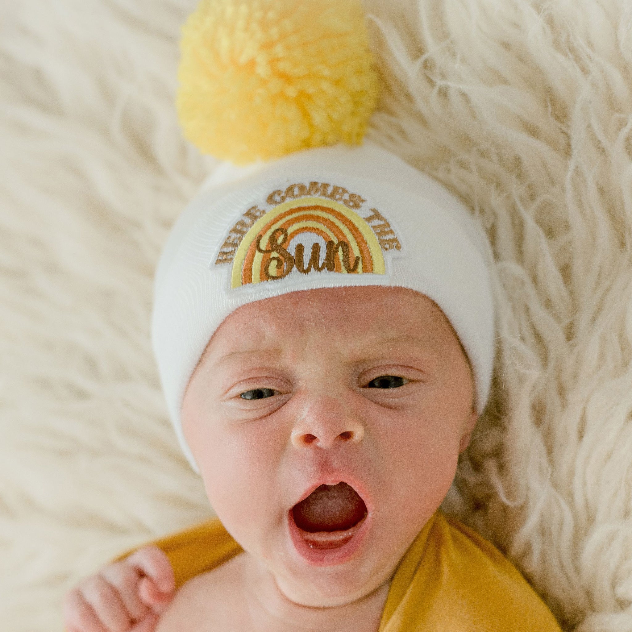 Here Comes the Sun Yellow Pom Pom Baby Hat - White - Gender Neutral Hospital Hat