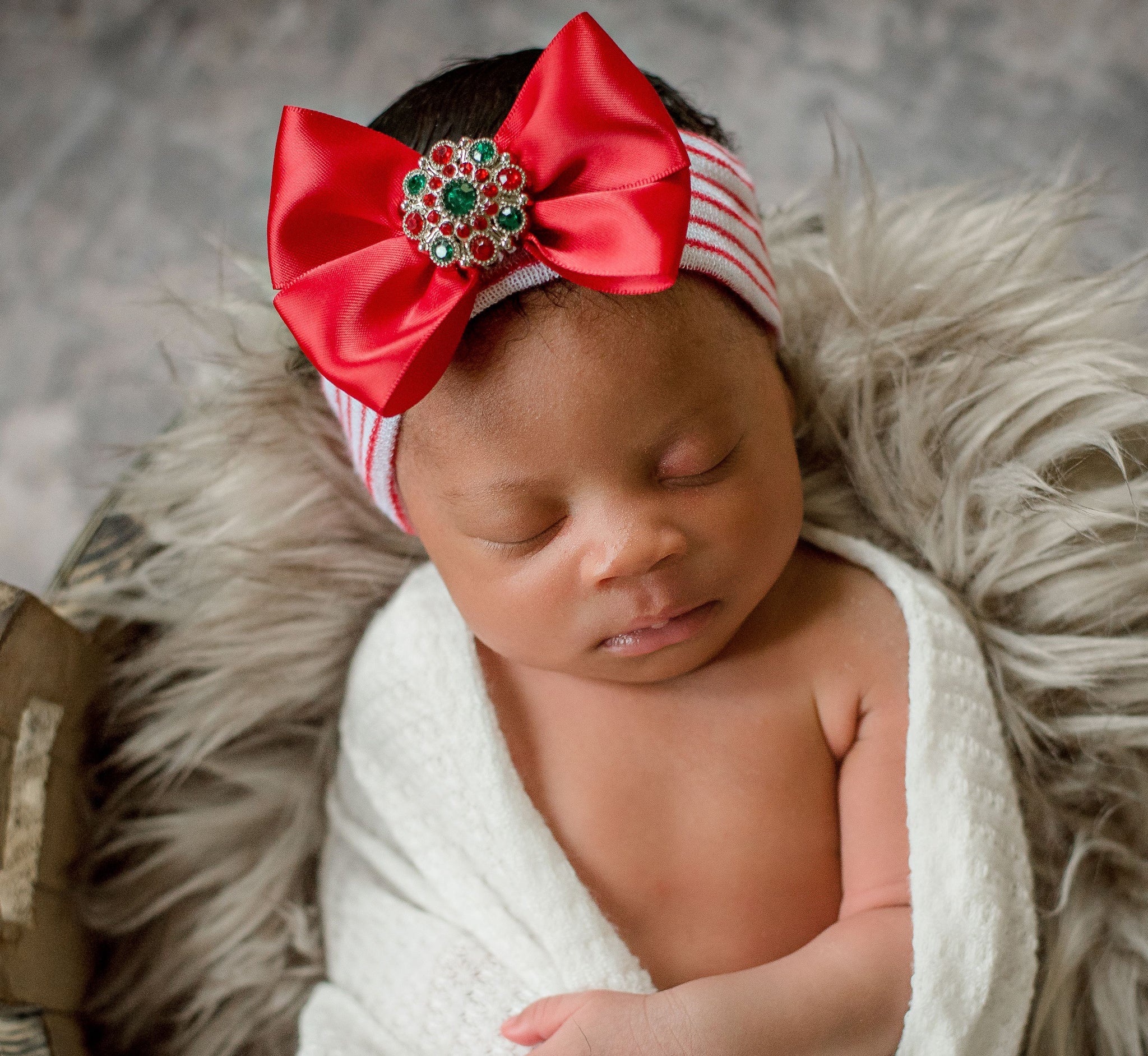 ilybean Red Satin Bow With Rhinestone Center With Red And White Hospital Hat Fabric Headband For Newborn Girls - Christmas Babies