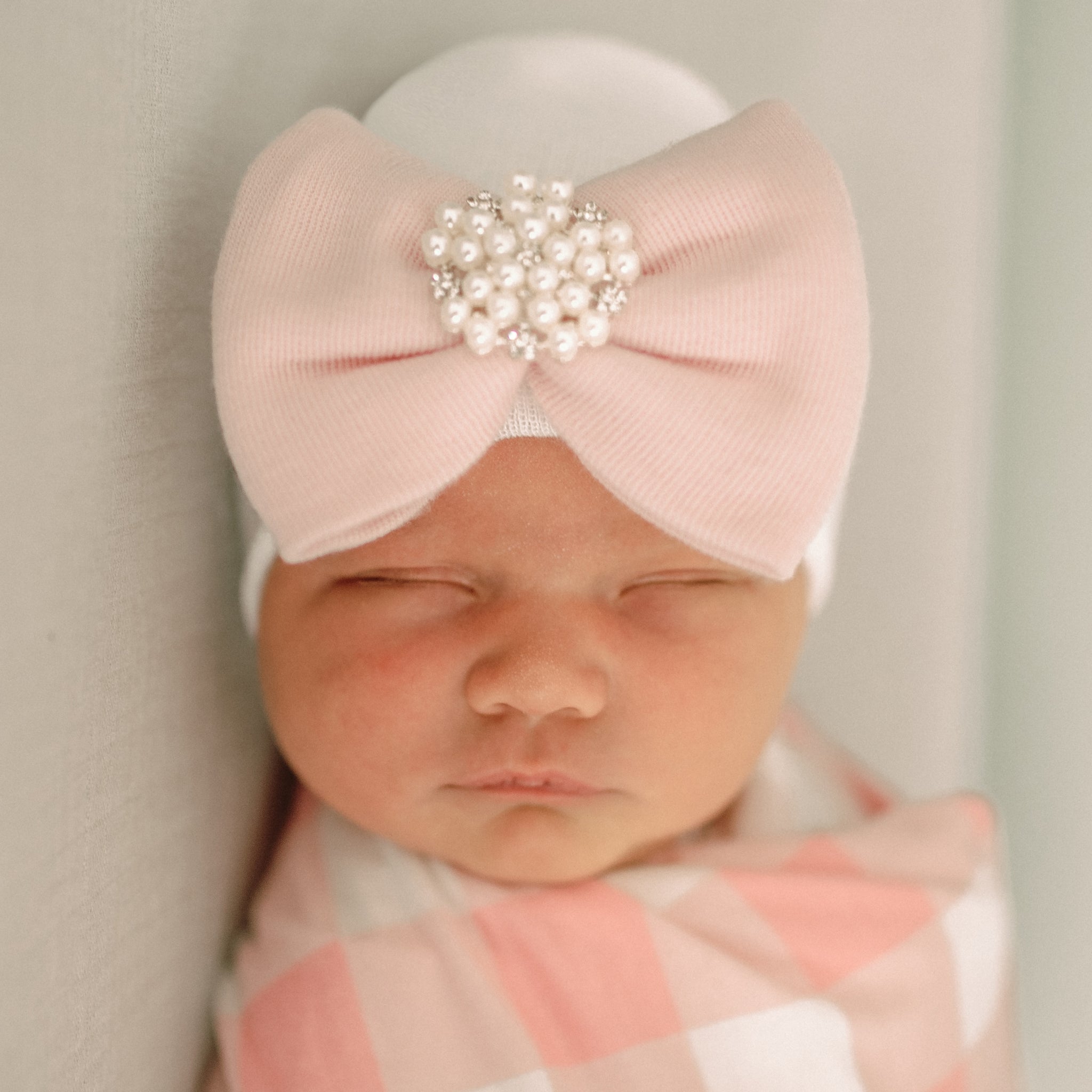 ilybean Irene Newborn Girl Hospital Hat with Pearl and Rhinestone Jewel at Center
