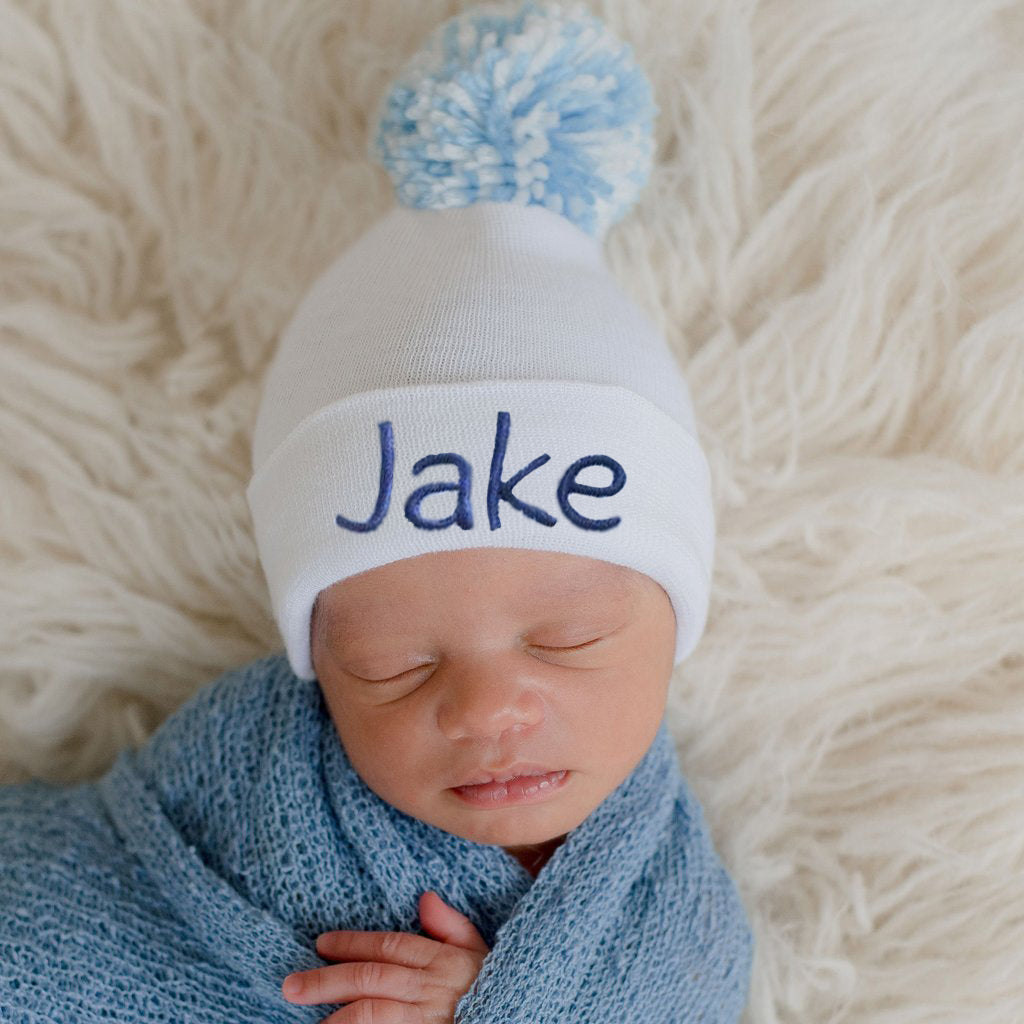 ilybean PERSONALIZED Sky Blue Pom Pom White Newborn Boy Hospital Hat