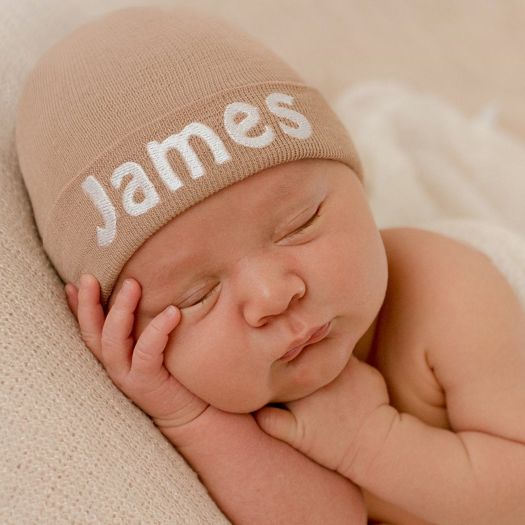 ilybean Personalized Tan Hospital Newborn Boy Hospital Hat Nursery Beanie