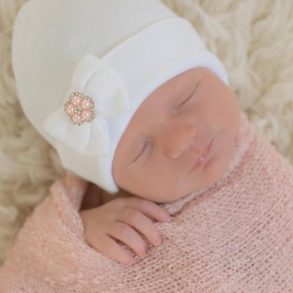 ilybean Teeny White Jewel Bow Newborn Girl Hospital Hat - White Hospital Hat Newborn