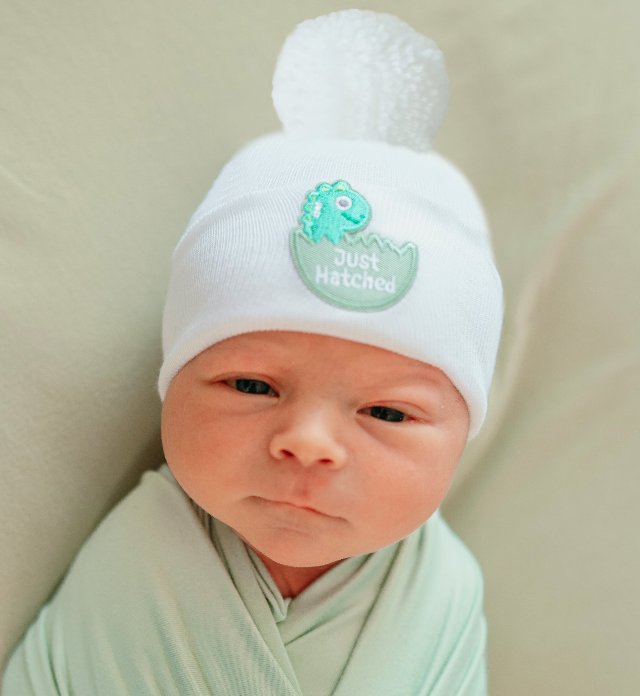 ilybean JUST HATCHED White Newborn Hospital Hat with White Pom