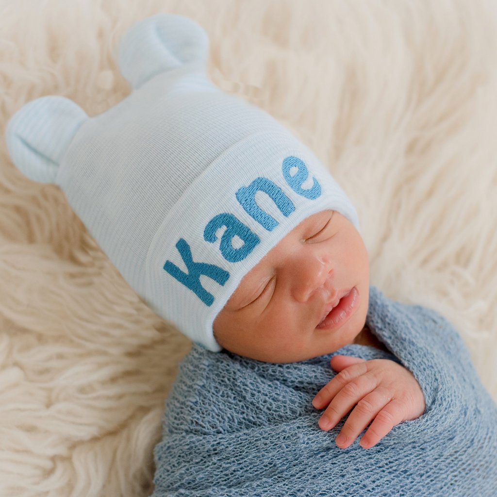 ilybean Personalized Striped Blue and White Baby Bear Newborn Hospital Hat