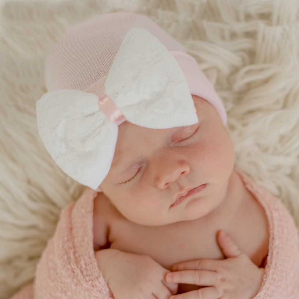 ilybean Lace Covered White Bow And Pink Newborn Hospital Hat- Nursery Beanie For Girls