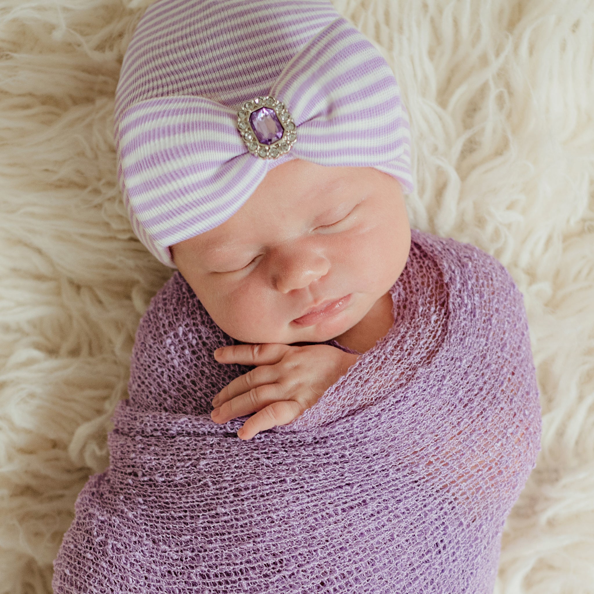 ilybean Ciara Bow Purple and White Striped Hospital Hat with Purple Ribbon Bow