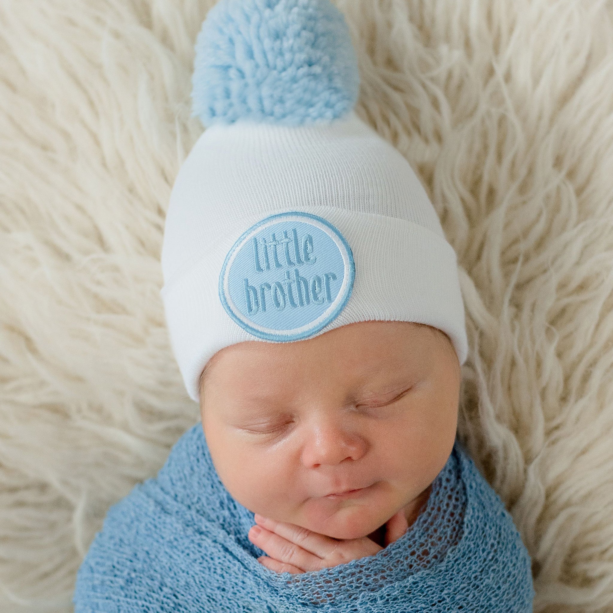 White Little Brother Newborn Boy Hospital Hat with Handmade Pom Pom Hospital Hat