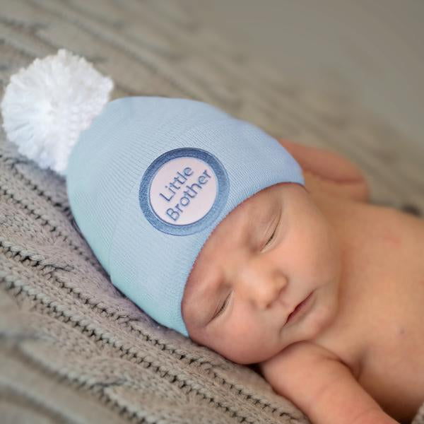 Blue Little Brother Newborn Boy Hospital Hat with White Handmade Pom Pom Hospital Hat