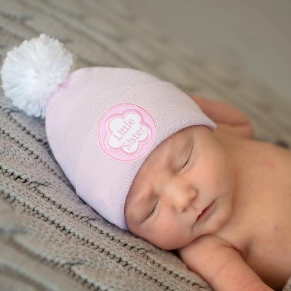 ilybean White Pom Pom Little Sister Pink Newborn Girl Hospital Hat - Pink Hat