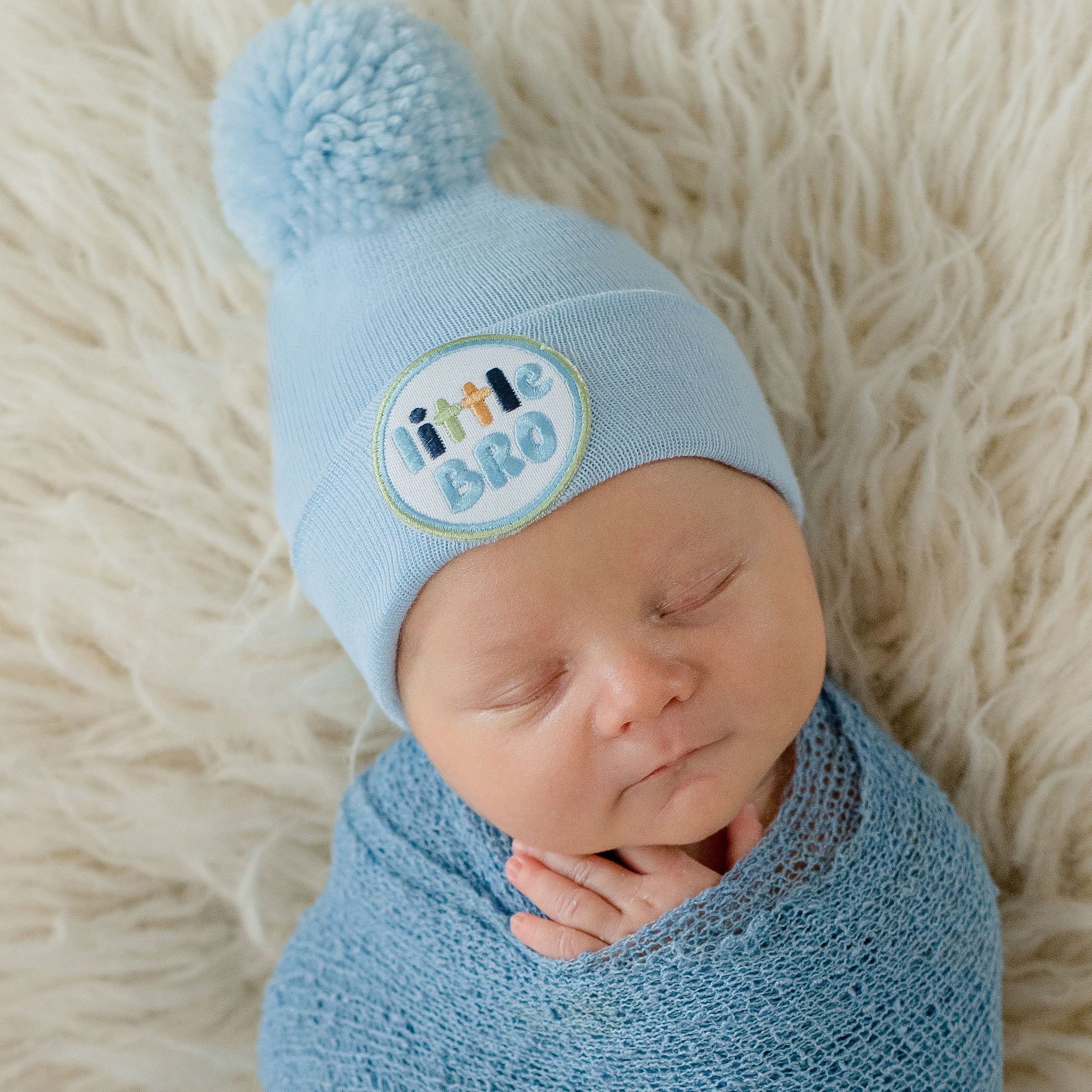 White or Blue Little Bro Newborn Boy Hospital Hat with Handmade Pom Pom Hospital Hat