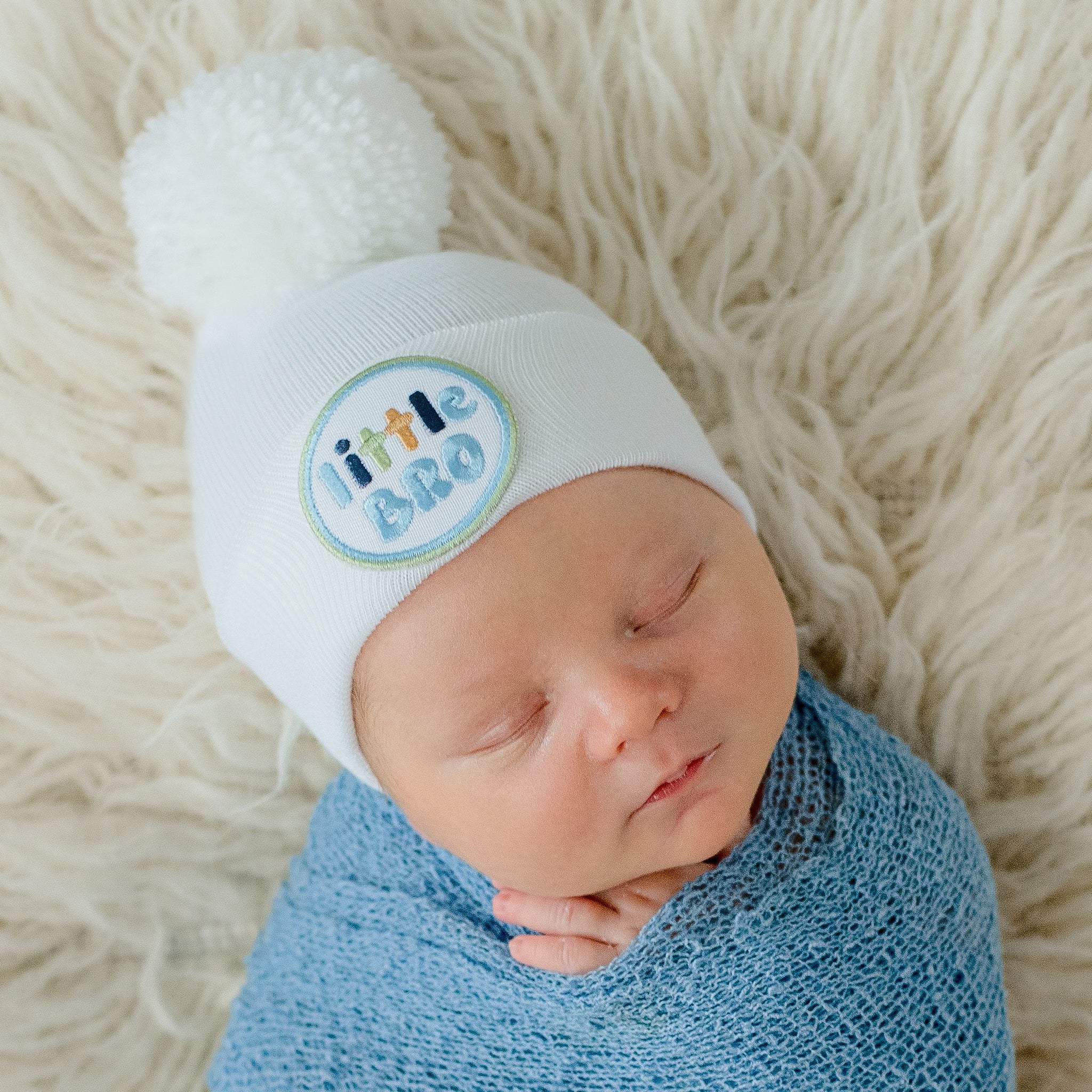 White or Blue Little BRO Newborn Boy Hospital Hat with Blue or White Handmade Pom Pom Hospital Hat