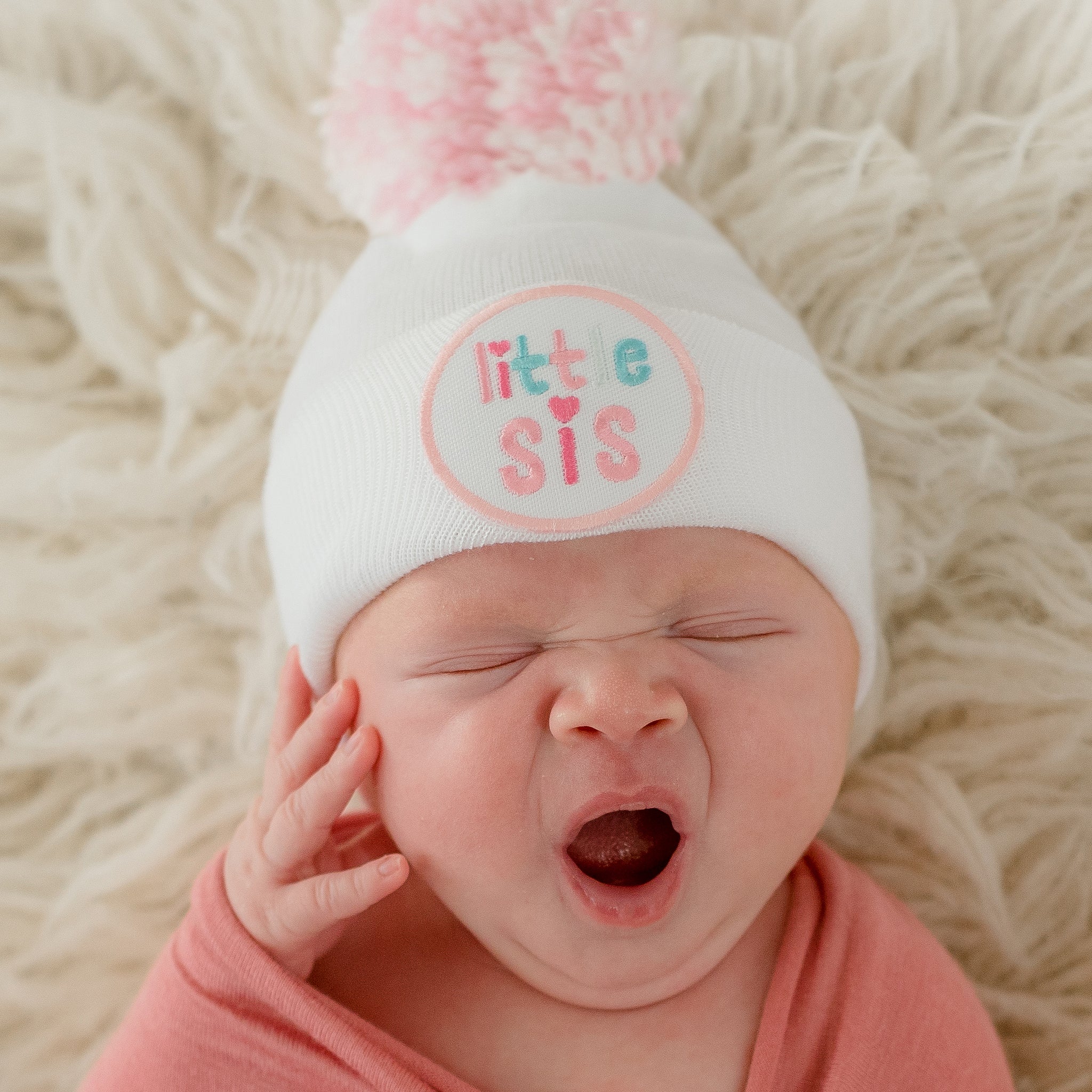 ilybean Little Sis with White Pom Pom Newborn Girl Hospital Hat - White, Pink and Striped Hat