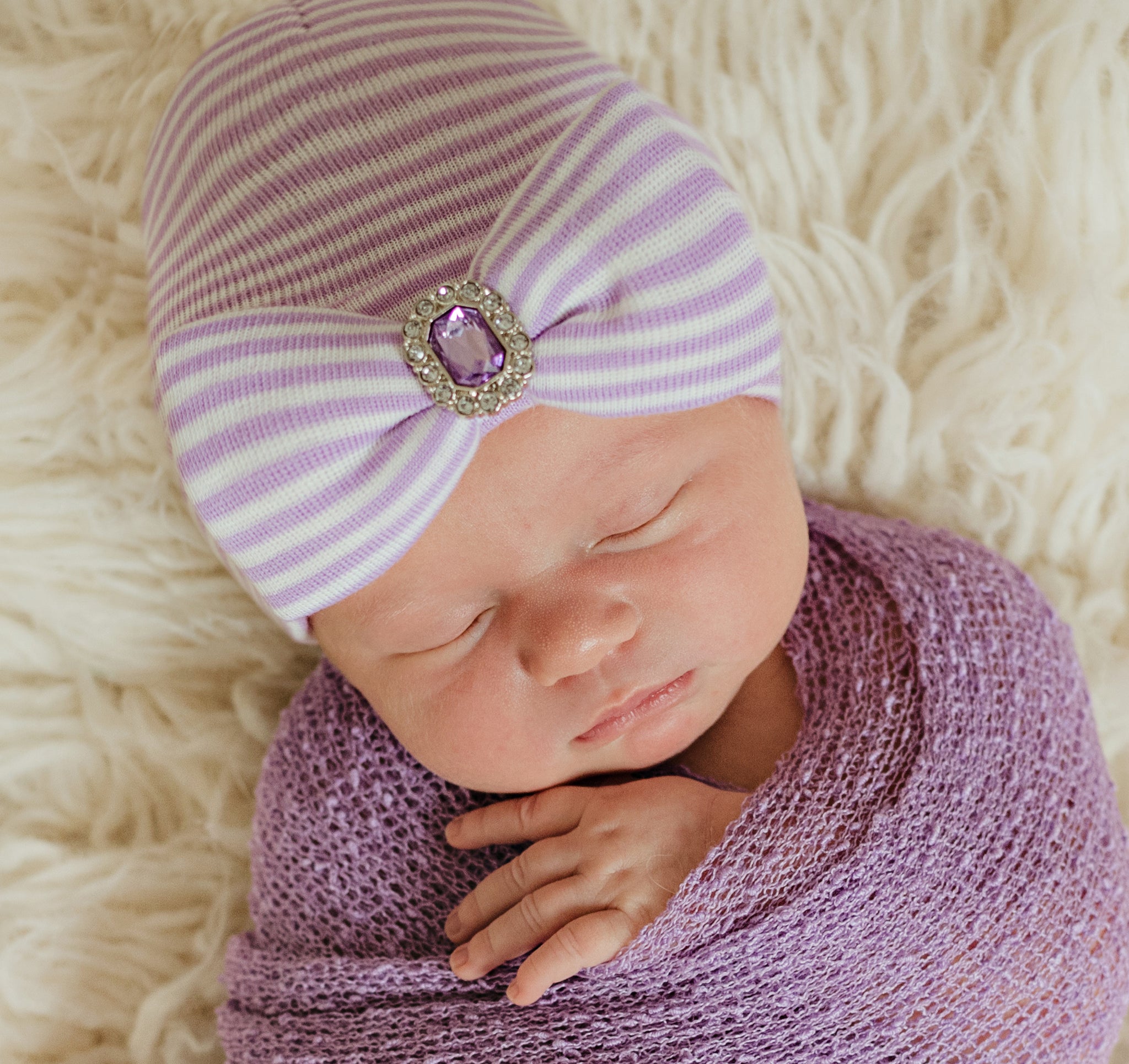 Ilybean Lucy Lavender Purple and White Striped Newborn Girl Hospital Hat with Purple Rhinestone Jewel for Newborn Girls
