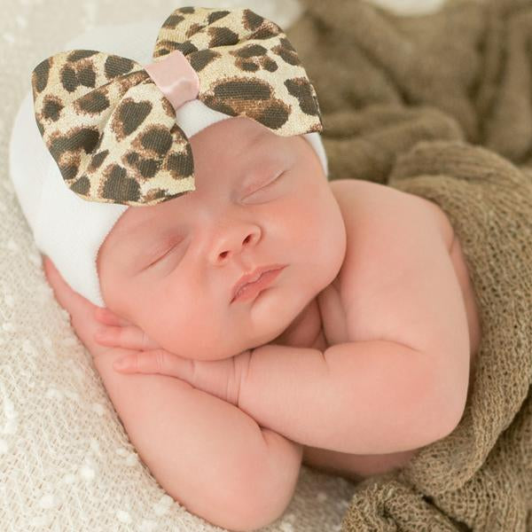 ilybean Lux Leopard Bow Baby Newborn Girl Hospital Hat - White Hat with Leopard Fabric Bow (Monogram Optional)