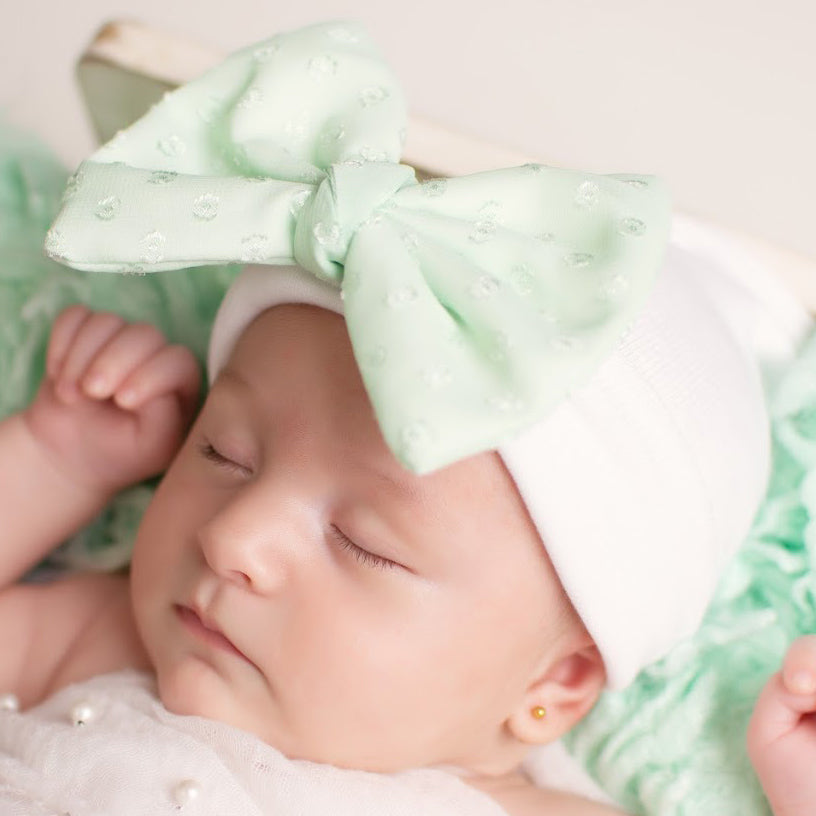 Blush Pink or Mint Green Clip Dot Chiffon Twisted Bow White Girls Hospital Hat