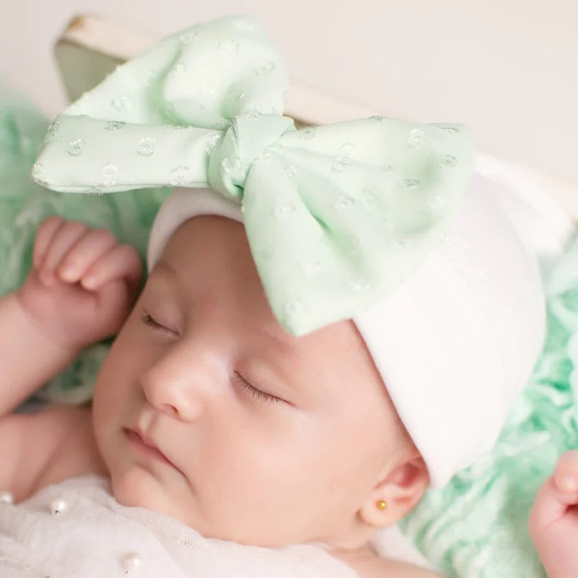 Mint Green or Blush Pink Clip Dot Chiffon Twisted Bow White Girls Hospital Hat