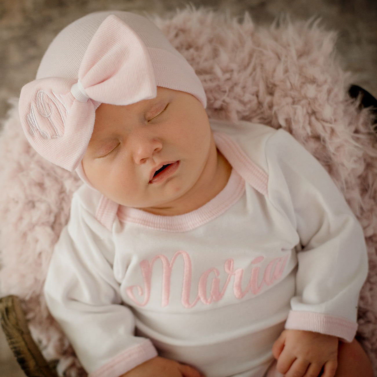 Personalized Pink Bow Hat Bow Monogram With Matching Onesie OR Gown SET (2 Piece SET)