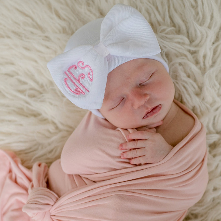 White Bow with Pink (or White) Center Monogrammed Initials Nursery Newborn GIRL hospital hat