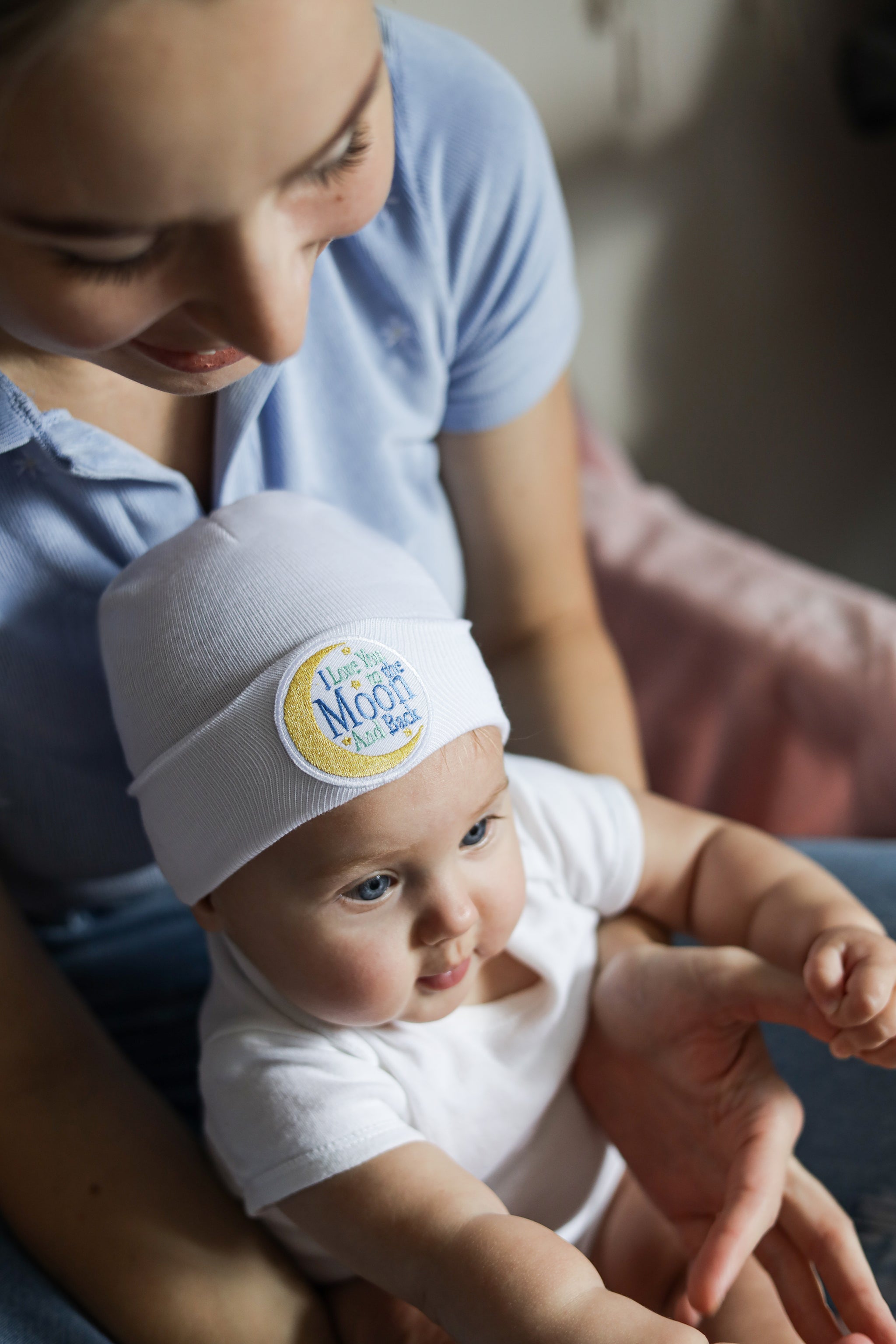 I Love you to the Moon Newborn Boy and Girl - Gender Neutral Hospital Hat - White Hospital Hat Newborn Boy or Girl- I love you to the moon
