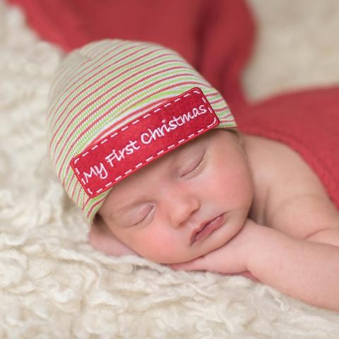 My First Christmas Striped Hospital Hat and Gender Neutral Nursery Beanie - Red, Green, White