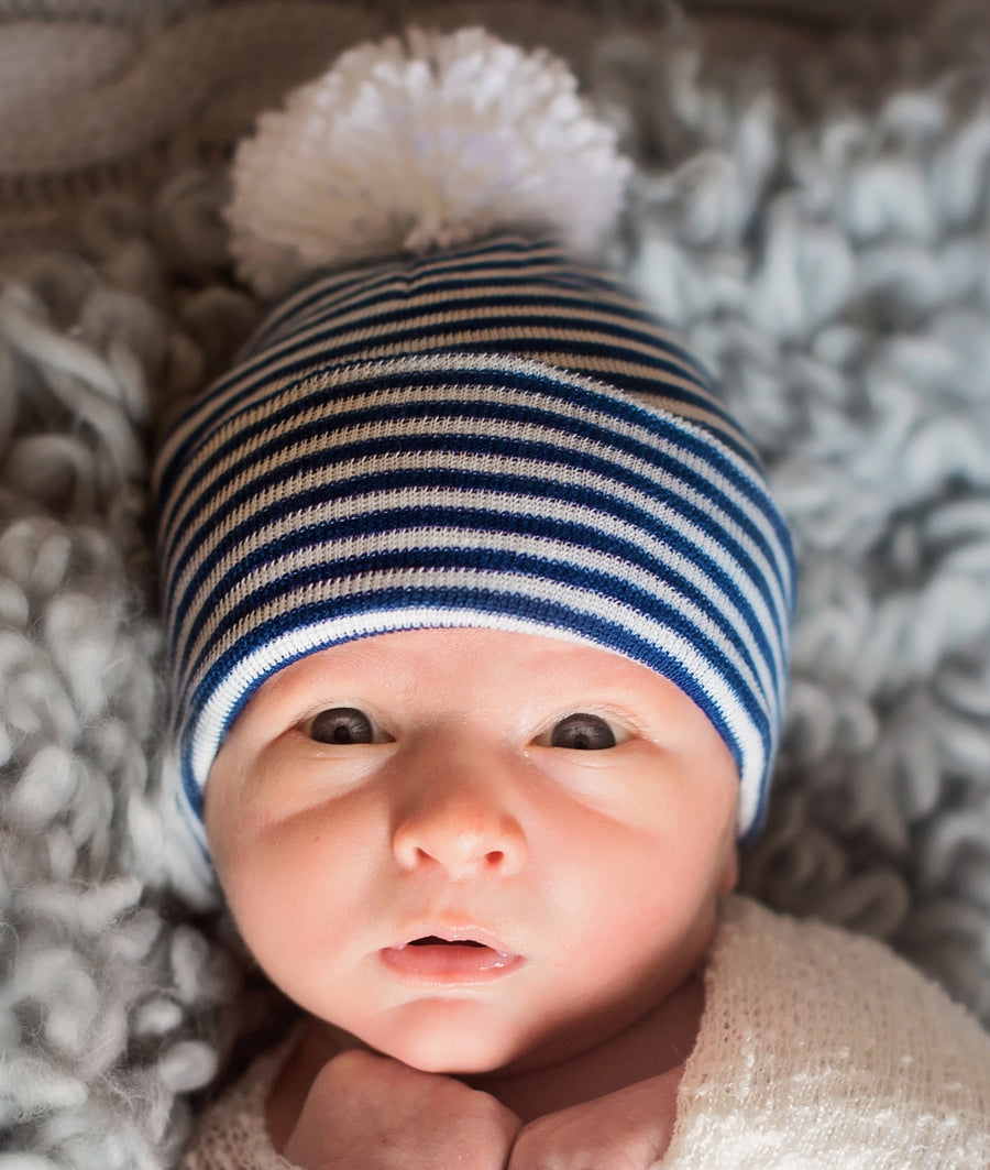 ilybean Navy and White Striped Nursery Beanie with White Pom Pom Newborn Boy Hospital Hat