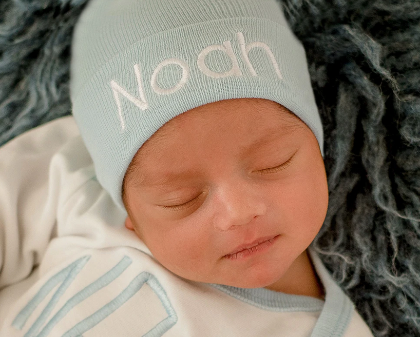 ilybean blue hat with blue pom pom newborn boy hospital hat - Personalization Optional